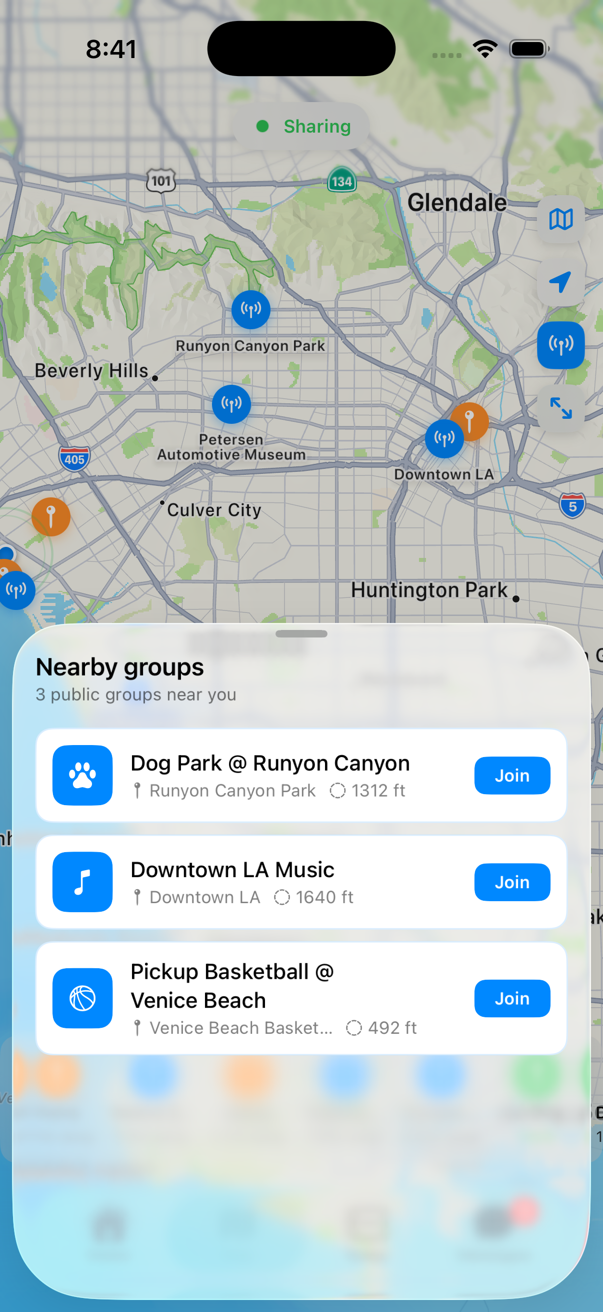 Nearby groups sheet showing 3 public groups a user can join near their location