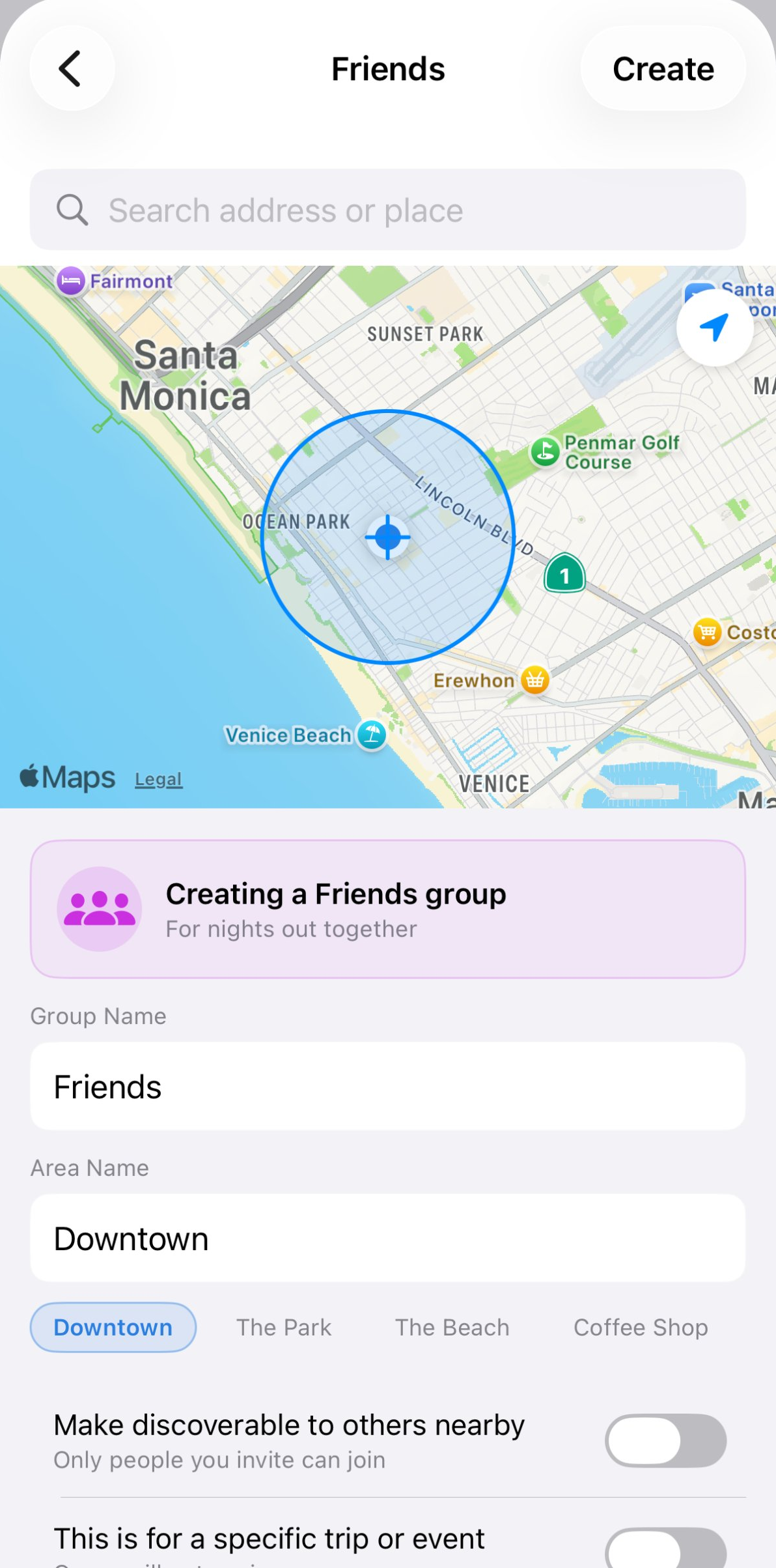 Creating a Friends group with area-only visibility and a discoverable toggle
