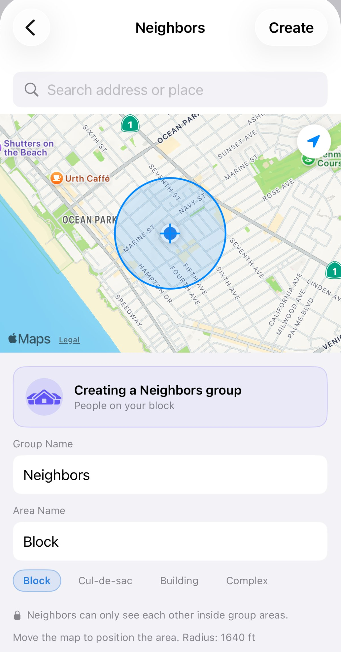 Creating a Neighbors group — neighbors can only see each other inside group areas