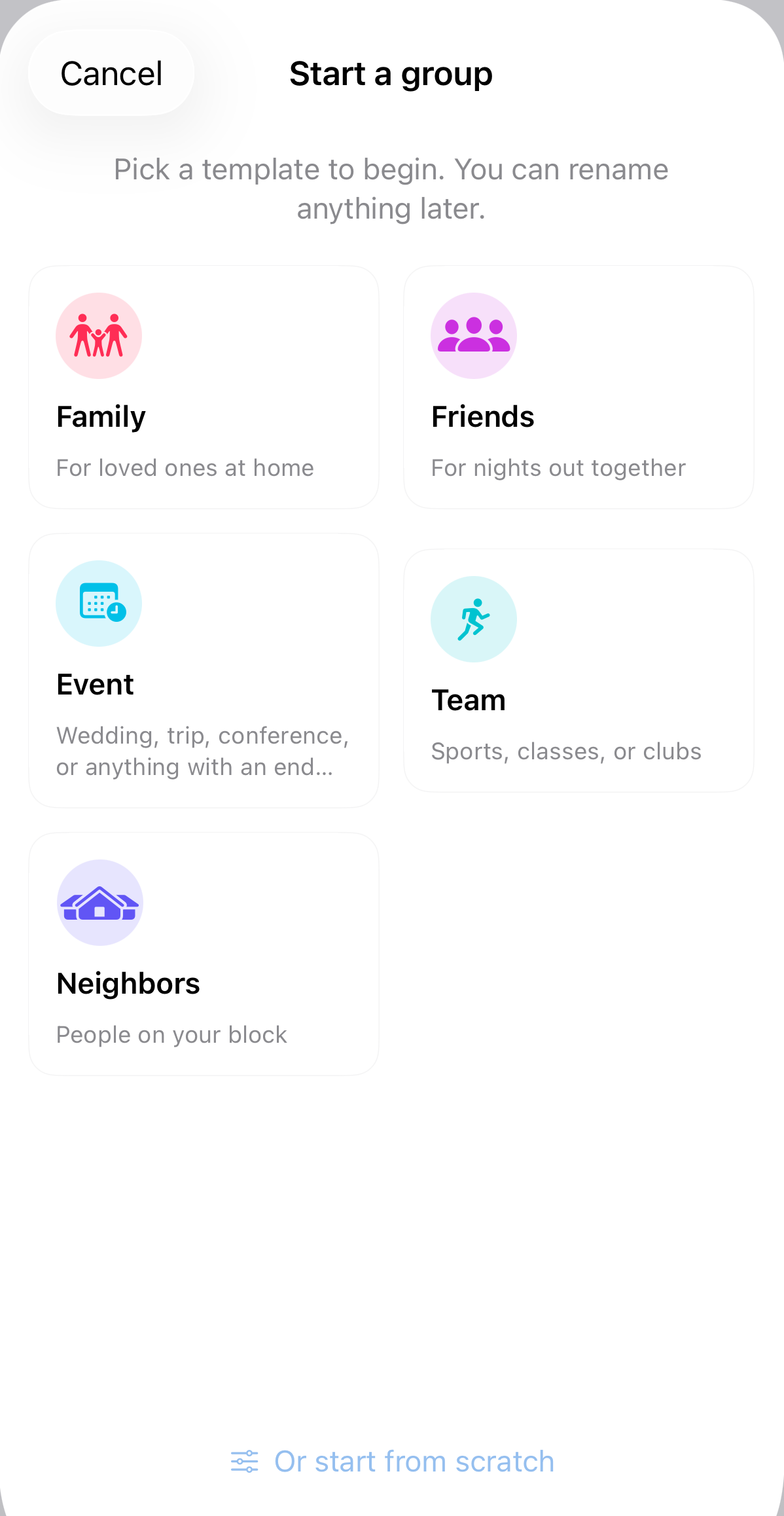 Start a group template picker showing Family, Friends, Event, Team, and Neighbors